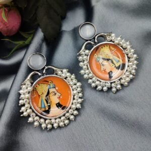 Hand-Painted Oxidised Handmade Monalisa Stone Work Earrings