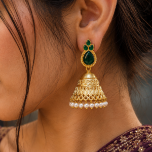 Luxurious Gold Plated Jhumka Earrings with Sparkling Stone Pearl Work