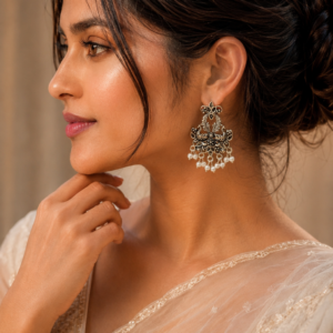Ethnic German Silver Peacock Stud Earring with Pearl – Perfect for Daily Use Jewelry