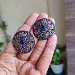 Beautiful Round Floral Art Stud Earrings | Traditional Silver Replica Oxidised Jewelry for Women and Girls Daily Wear