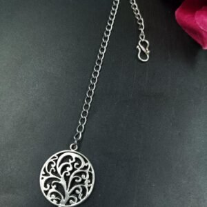 Silver Plated Round Shape Floral Art Chain Maang Teeka with Traditional Elegance