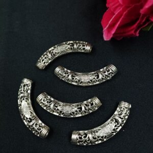 Antique Flower Design Long Cylindrical Shape German Silver DIY Raw Material for Jewelry Making Craft Supplies (5 piece)