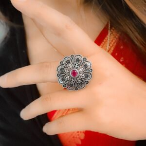 Antique Floral Silver Plated Round Oxidised Stone Work Rings