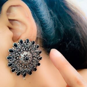 Silver Plated Round Shape Oxidised Stud Earrings For Girls