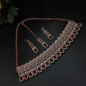 Rose Gold Plated American Diamond Necklace set with Maangtika Perfect Wedding jewellery