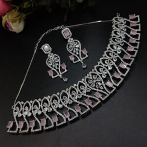 Premium Quality American Diamond Necklace with Maangtika Monalisa Stone Choker Set