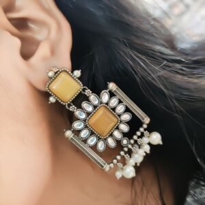 Silver Replica Square Monalisa Stone Stud Dangler Earrings
