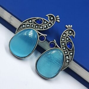 Jaipuri Oxidised Silver Replica Peacock Earrings With Perfect Monalisa Stone and Pearl Work