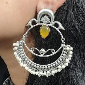 HandMade Silver Replica Chandbali Monalisa Stone Stud Dangler Earrings with Pearl Work