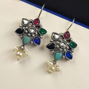 Silver Look Like Oxidised Stone Stud Earrings For Girls