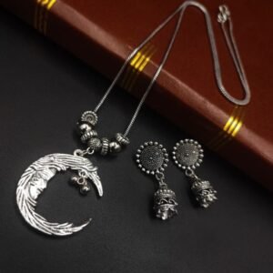 Affordable Oxidised Piece Of Moon Necklace With Jhumka Earrings