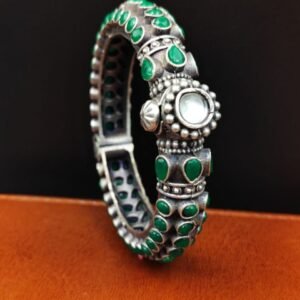 Stone Work Oxidised Silver Replica Bangles | Free Size Openable Bracelet