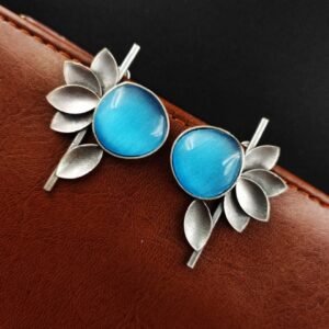 Monalisa Stone Half Flower Stud Earrings – Attractive Silver Replica Polish
