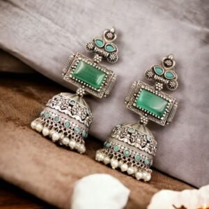 Unique Silver Replica Oxidised Jambo Jhumka With Monalisa Stones