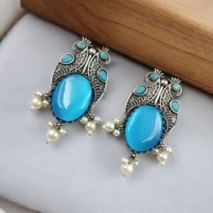 Antique Silver Peacock Style Earrings with Monalisa Stone & Pearl Beads