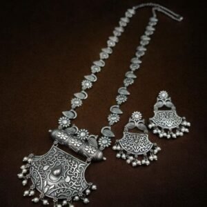 Silver Replica Necklace Set | Oxidized Long Haram Necklaces For Girls