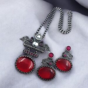 Silver Replica Pendant Set | Unique Peacock Design Monalisa Stone Necklace