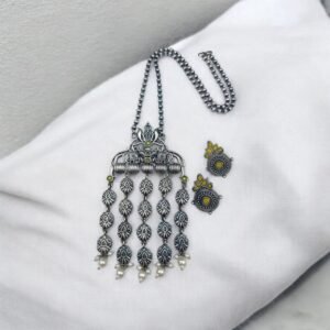 Oxidized Elephant Necklace Set | Unique Long Dangler Silver Touch Jewelry