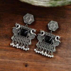 Dangler Peacock Earrings | Best Oxidised Monalisa Silver Replica Earring With Pearl Beads
