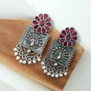 Silver Replica Peacock Stud Earrings | Unique Antique Stone Studs