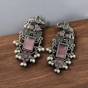 Antique Silver Plated Elephant Design Earrings | Best Traditional Indian Stone Stud Jewelry