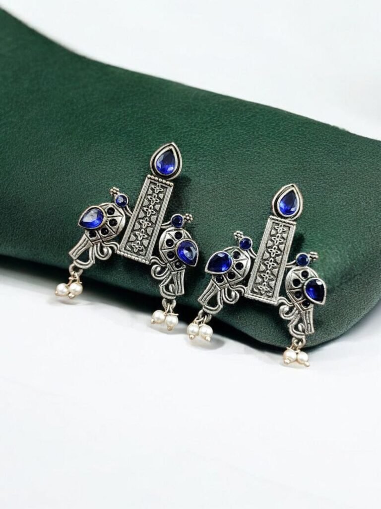 Graceful Bird Stud Earrings with Silver Replica and Stone Craft