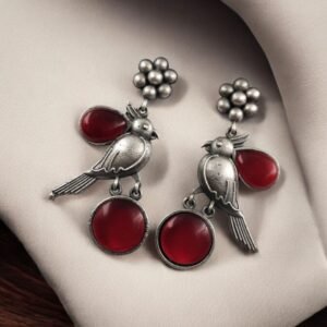 Perfect Monalisa Stone Flower Stud Earrings with Bird Motif in Brass