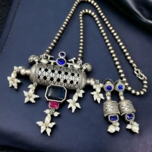 Ethnic Brass Necklace with Monalisa Stone and Bird Motif, Complete with Matching Earrings