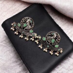 German Silver Oxidized Peacock Stud Earrings – Perfect for Ethnic Look