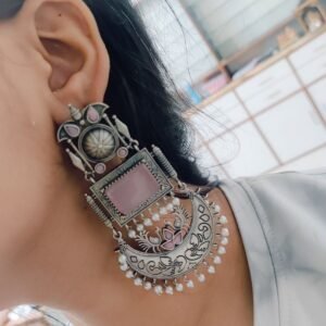 Vintage Look Oxidised Silver Monalisa Stone Earrings with Adorable Pearl Beads Detailing