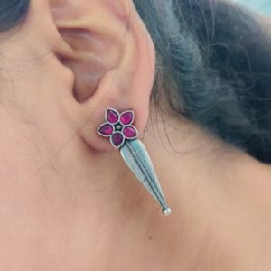 Oxidized Silver Stud Earrings with Flower Design & Adorable Delicate Stone Work