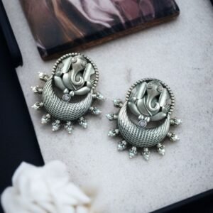 Oxidised Ganesha Stud Earrings | Unique Silver Replica Chandbali Style Jewellery