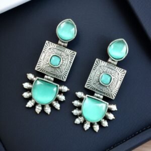 Traditional Beautiful Monalisa Stone Square Dangler Earrings | Silver Replica with Pearl Work
