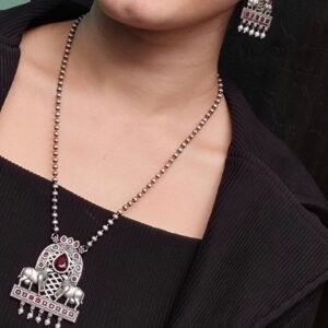 Silver Oxidized Nandi Pendant Necklace with Stone & Amazing Pearl work