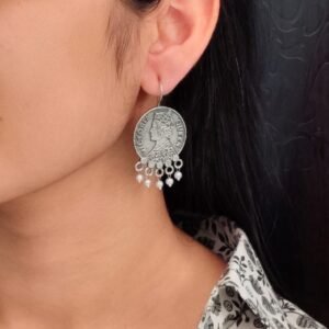 Oxidized Amazing Silver Victoria Coin Earrings – Pearl Drop Hook Jewelry for Women