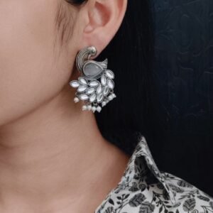 Oxidized Peacock Earrings with Monalisa Stone and Pearl – Best Traditional Ethnic Jewelry