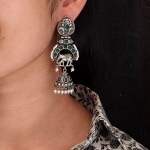 Antique Finish Oxidized Unique Elephant Jhumki Earrings with Elegant Pearl Detailing