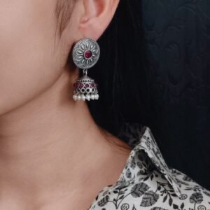 Oxidized Silver Replica Beautiful Jhumki Earrings with Stone & Pearl Detailing For Office Wear