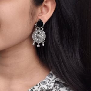 Antique Silver Parrot Dangler Earrings with Stone & Pearl – Perfect for Ethnic Looks