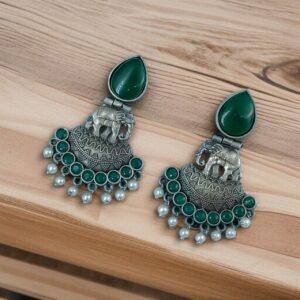 Traditional Oxidized Amazing Elephant Dangler Earrings with Stone and Pearl Detailing