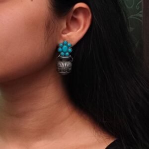 Silver Replica Unique Kalash Earrings – Oxidised Flower & Stone Work Design