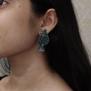 Antique Finish Oxidised Peacock Jhumki Earrings with Best German Silver Stone Work