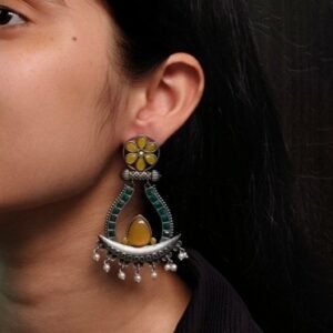 Handcrafted Silver Replica Oxidized Long Earrings – Pearl & Monalisa Stone Best Dangler Jewelry
