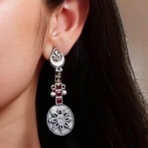 Lightweight Unique Flower Dangler Earrings with Traditonal Pearl & Stone Silver Plated Jewelry