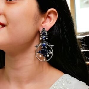 Silver Look alike Beautiful Bird Design Earrings Stone & Pearl Work – Elegant Oxidized Ethnic Jewelry