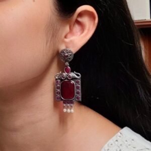 Traditional Elephant Earrings | Silver Replica Oxidized Dangler with Beautiful Monalisa Stone Jewelry