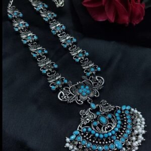 Elegant Long Flower Necklace | Perfect Stone & Pearl Work Silver Plated Oxidized Jewelry