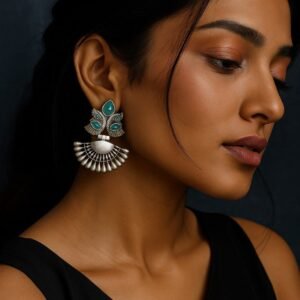 Oxidized Silver Plated Peacock Dangler Earrings | Best Traditional Ethnic Stone Detailing Jewelry