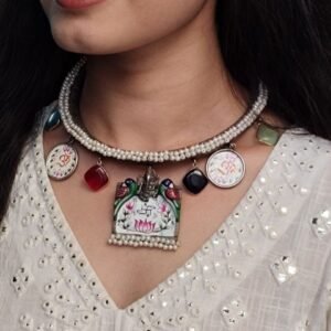 Oxidized Beautiful Ganesha Hasli Necklace | Parrot Design Monalisa Stone & Pearl Work Jewelry
