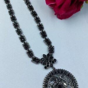 Oxidized Peacock Necklace With Stone and Floral Art – Best Traditional Silver Plated Jewelry